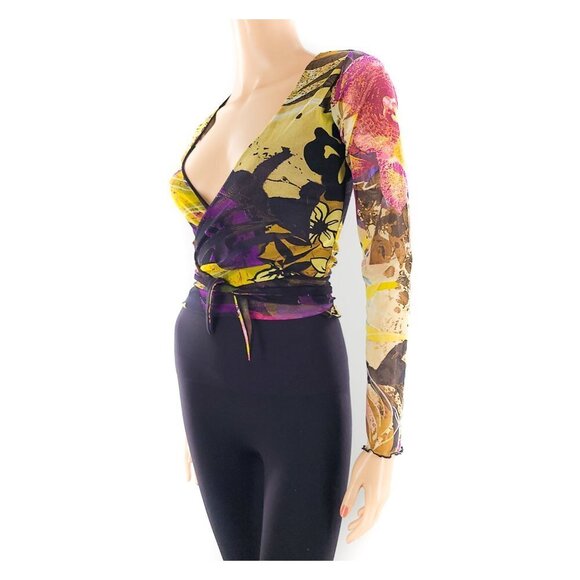 ATELIER Floral Print Mesh Wrap Crop Top Made in Italy - Picture 2 of 9
